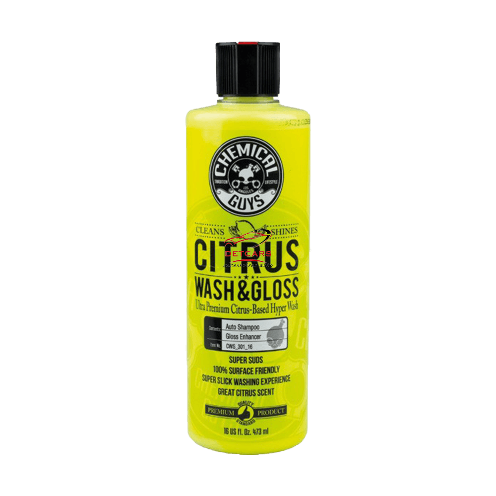 Le shampooing citrus wash and gloss de chez Chemical-guys est un shampooing hard donnant à n'importe quelle voiture l'aspect d'une voiture cirée et détaillée en faisant ressortir la couleur de la carrosserie .