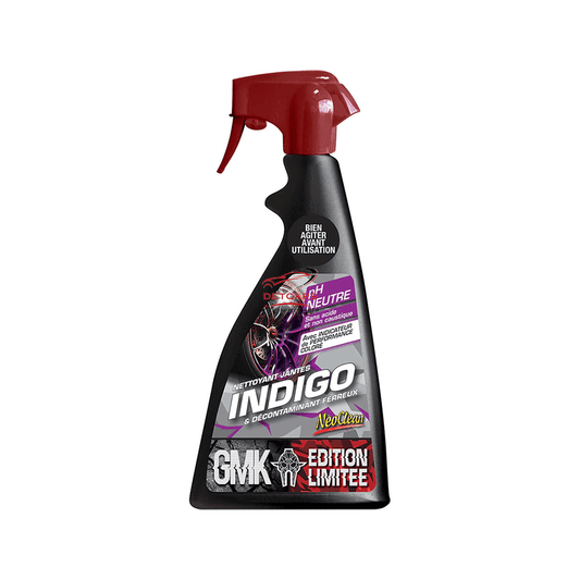 Le nettoyant jantes INDIGO édition GMK de chez Neoclean est un nettoyant jantes décontaminant ferreux au pH neutre, sans acide et non caustique utilisable sur des jantes et toute surface extérieure du véhicule.