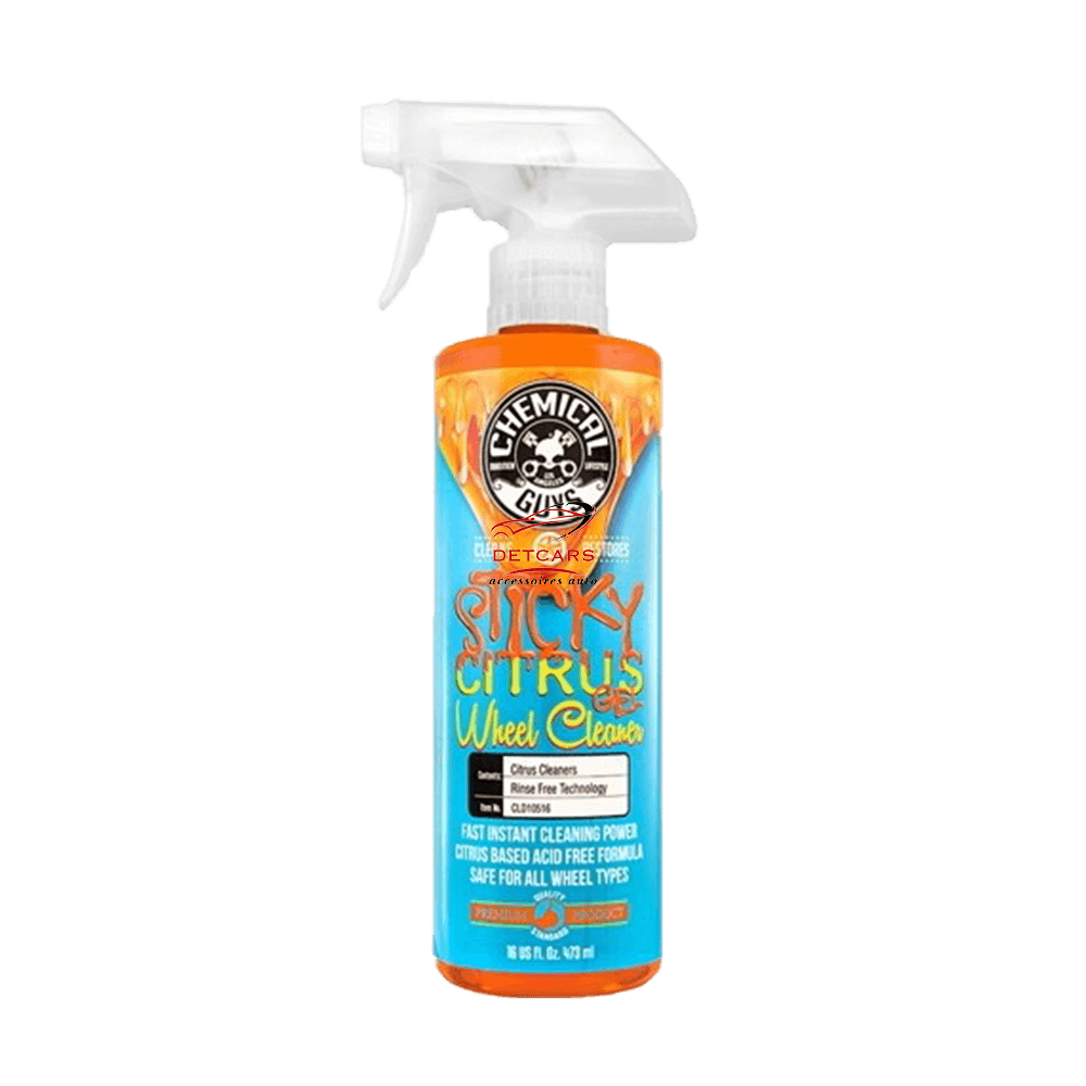 Le nettoyant jantes Sticky citrus gel de chez Chemical-guys enlève en profondeur vos roues contre la saleté , poussière de frein ... tout en redonnant un éclat brillant à vos jantes . C'est un nettoyant jantes non décontaminant ferreux . Il s'accroche aux roues et aux surfaces verticales, mettant en suspension la saleté, la poussière de frein, l'huile et la saleté, puis les soulevant de la roue en toute sécurité et en douceur.