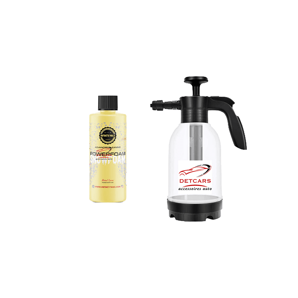 Shampooing power snow-foam de chez Infinity wax . Shampooing de prélavage pour canon à mousse ( foam-lance ) qui ne retire pas les cires et protections . Le pouvoir moussant de Power Snow Foam est suffisant et permettra de bien drainer les contaminants p
