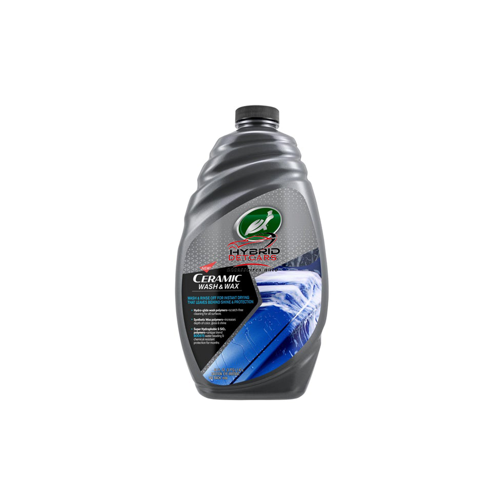 Shampooing solution hybrid ceramic wash&wax de chez turtle wax pour une finition ultime . Shampooing avec des polymères nettoyants Hydro-glide pour nettoyer toutes les surfaces sans rayures. Contient du SiO2 hydrophobe et des polymères synthétiques qui