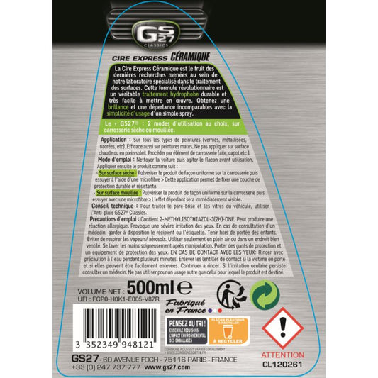 La Cire Express Céramique GS27 Classics est le fruit des dernières recherches menées au sein de notre laboratoire spécialisé dans le traitement des surfaces. Cette formule révolutionnaire est un véritable traitement hydrophobe durable et très facile à me