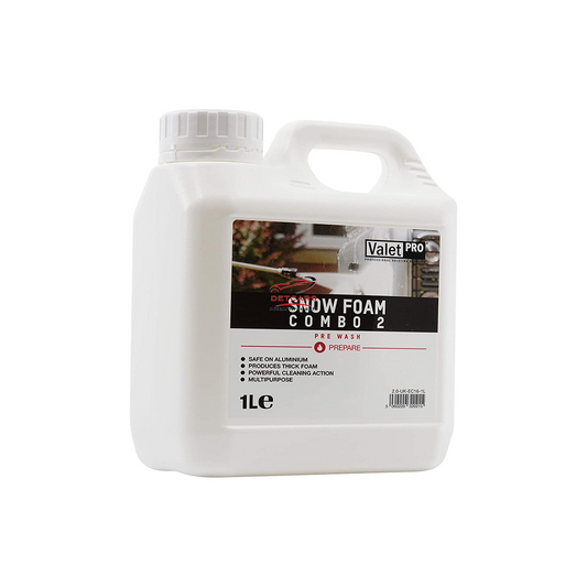 Produit de prélavage hard de chez Valet pro : produit de prélavage 2 en 1 qui contient des agents nettoyants et des agents moussants. Il est à utiliser dans une foam lance, dans un foam gun ou dans un sprayer à pression. Le Snow Foam Combo 2 possède un f