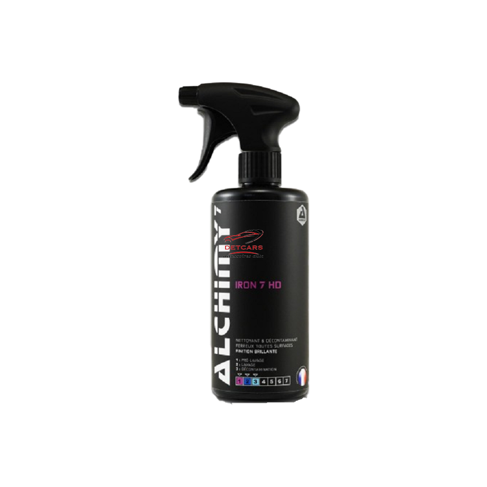 Décontaminant ferreux et nettoyant jantes , Utilisable sur tous les types de jantes et de supports . Contient des agents brillants . Alchimy7 Iron 7 HD est un décontaminant ferreux et un nettoyant jantes efficace laissant une finition brillante. Il disso