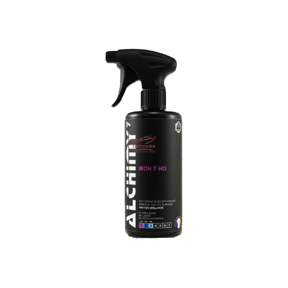 Décontaminant ferreux et nettoyant jantes , Utilisable sur tous les types de jantes et de supports . Contient des agents brillants . Alchimy7 Iron 7 HD est un décontaminant ferreux et un nettoyant jantes efficace laissant une finition brillante. Il disso