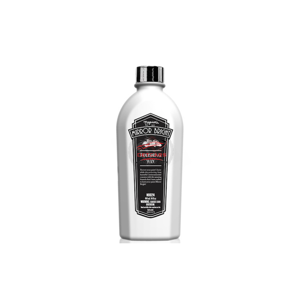 Sahmpooing mirror bright de chez Meguiar's à base de carnauba . La formulation à base de lait de carnauba permet de laver le véhicule, mais aussi de renforcer la brillance de la peinture