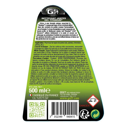 Le Nettoyant Jantes Gel Titanium® GS27 Classics® adhère totalement à la jante & enjoliveur pour assurer un nettoyage et un entretien complet. Ce nettoyant jantes est un must dans sa catégorie. Il nettoie les poussières de frein, les graisses incrustées e