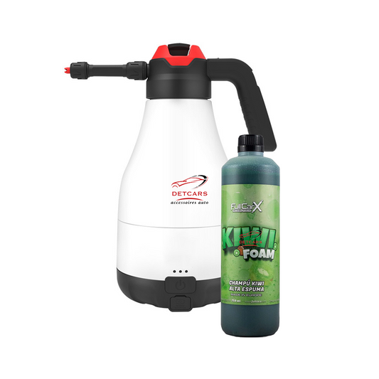 Pulvérisateur Mousse Électrique DETCARS avec Kiwifoam FullCarX pour un lavage auto sans fil et efficace.