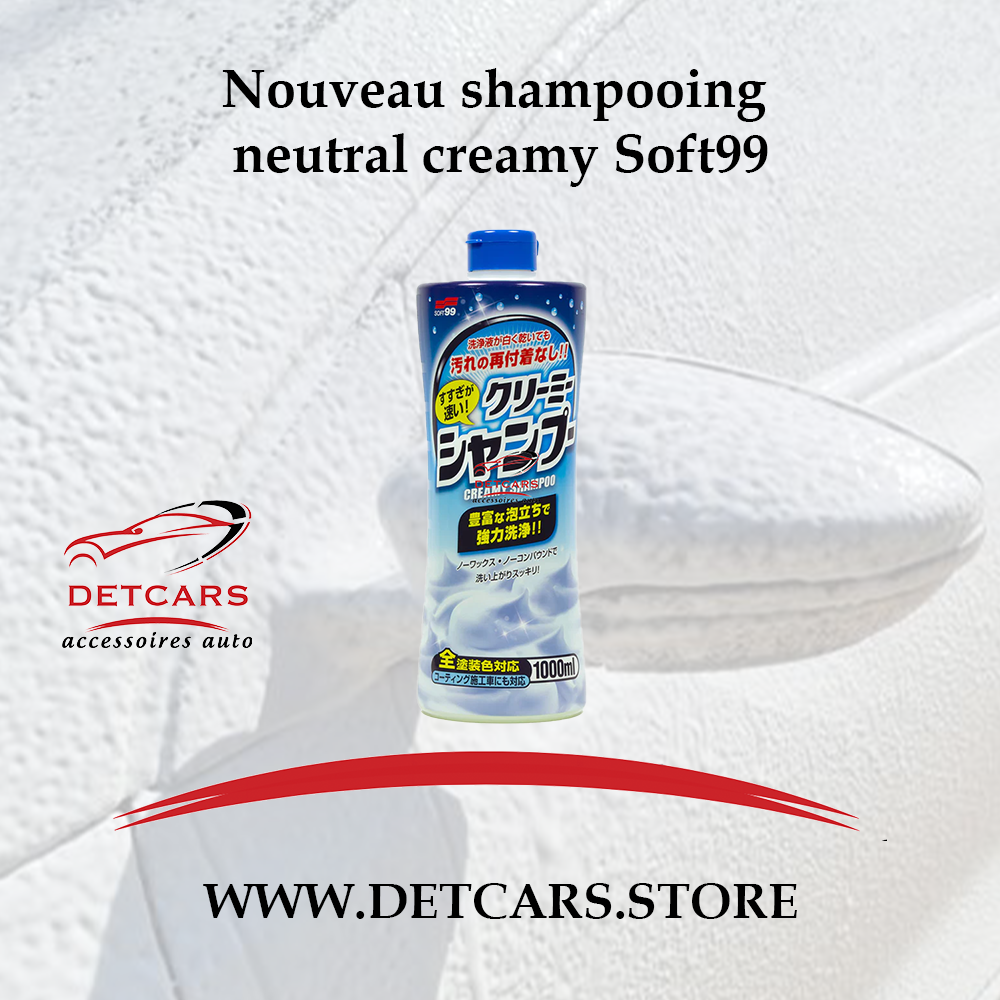 Shampooing de nettoyage automobile neutral creamy soft99 . Un shampooing de finition proposant une mousse dense et une finition sur la carrosserie parfaite . Fait parti de la gamme professionnel de shampooing de detailing .