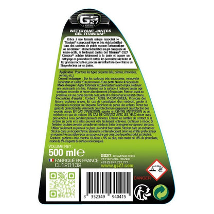 Le Nettoyant Jantes Gel Titanium® GS27 Classics® adhère totalement à la jante & enjoliveur pour assurer un nettoyage et un entretien complet.  Ce nettoyant jantes est un must dans sa catégorie. Il nettoie les poussières de frein, les graisses incrustées e